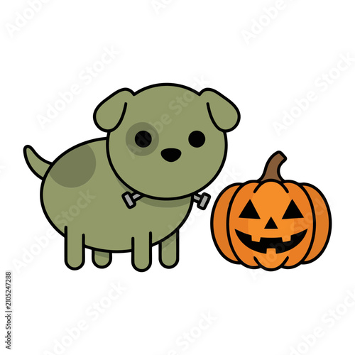 Cute cartoon Frankenstein dog with green skin and neck bolts standing next to a carved orange jack o lantern pumpkin for a fun Halloween illustration
