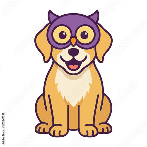 Cute cartoon puppy dog wearing a purple owl face mask for Halloween party costume vector illustration isolated on white background for holiday design