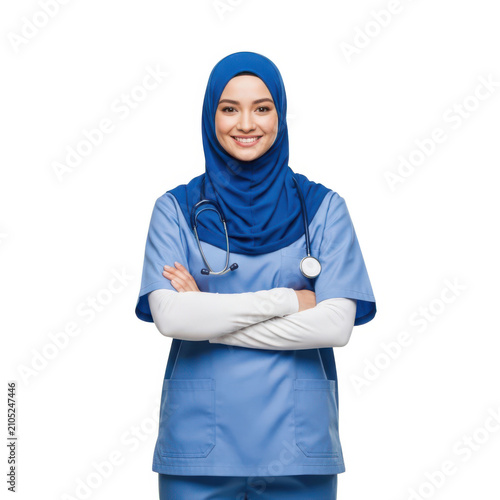 A smiling female healthcare worker wearing blue scrubs and a hijab stands confidently with her arms crossed.