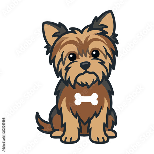 Cute Yorkshire Terrier Dog Cartoon Vector Illustration Featuring An Adorable Brown Puppy Sitting With A White Bone Graphic On Chest Isolated Image
