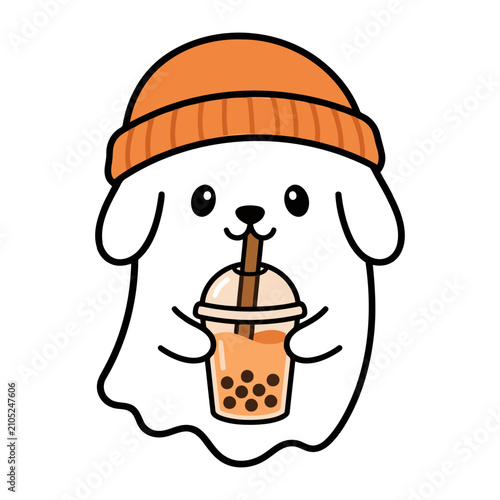 Cute White Ghost Character Wearing A Stylish Orange Beanie Hat And Holding A Refreshing Bubble Tea Cup Illustration For Halloween Holiday Theme