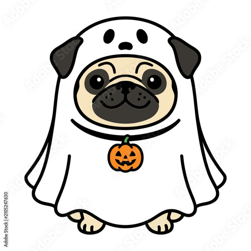 Cute cartoon pug dog wearing a white ghost costume with a small orange pumpkin charm for a fun Halloween spooky celebration on a plain white backgroun