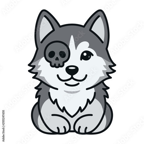 Cute cartoon husky puppy dog sticker with a skull eye patch design isolated on a clean white background for Halloween mascot digital art graphics