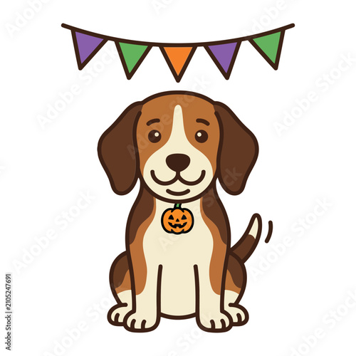 Cute Cartoon Beagle Dog Illustration Wearing A Pumpkin Necklace Pendant With Festive Halloween Bunting Flags Hanging Above In A Flat Vector Art Style