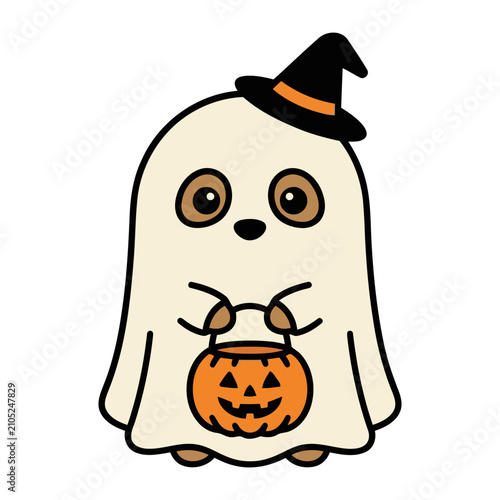 Charming friendly cartoon ghost illustration with a black witch hat and an orange jack-o-lantern bucket a festive Halloween design isolated on white