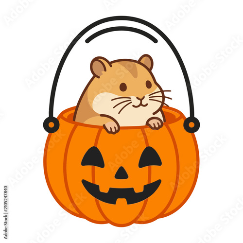 A cute hamster sitting inside a bright orange carved jack o lantern bucket perfect for festive Halloween celebrations or fall season harvest designs