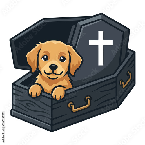 Cute cartoon puppy inside a small dark wooden coffin featuring a bright white religious cross symbol on the lid for Halloween or gothic art designs