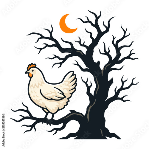 A detailed illustration of a cute white hen perched on a leafless spooky tree branch under a crescent moon in a dark gothic night halloween setting