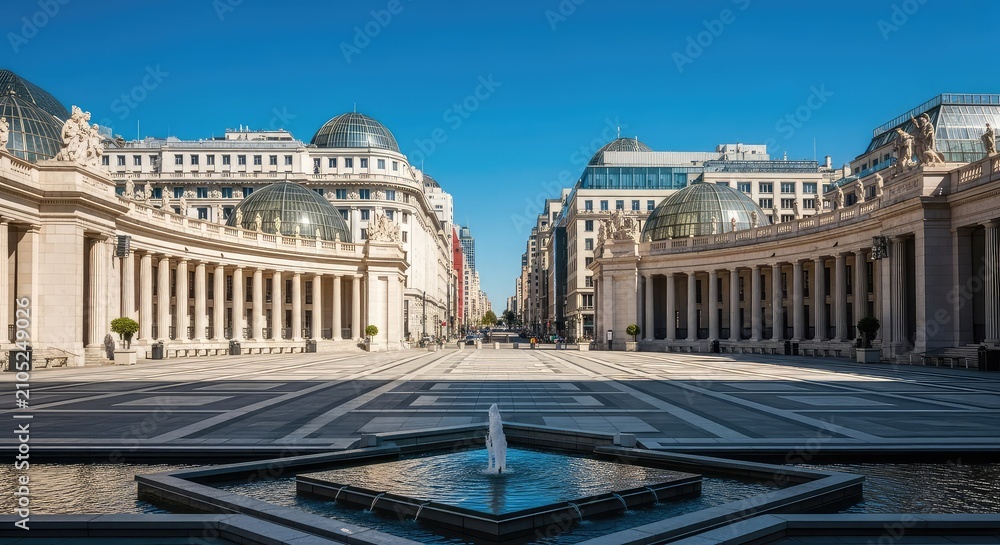 Fototapeta premium A vast urban plaza features grand monumental buildings with classical columns, wide stone walkways, and modern glass dome structures on top, foundation, public, street