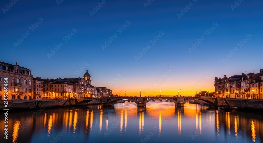 Obraz premium A wide-angle view of a coastal city at twilight, featuring an arched bridge over a calm river and historic architecture along the banks, bridge, riverfront, outdoor