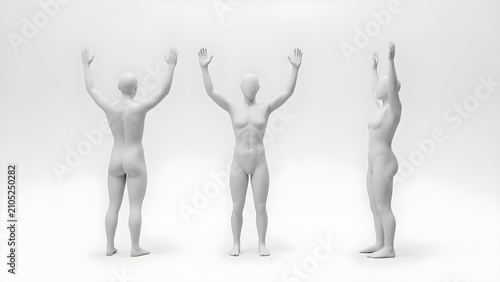 White 3D Rendered Female Human Body Model Showing Three Dimensional Perspective Views With Arms Raised Above Head In Neutral Poses