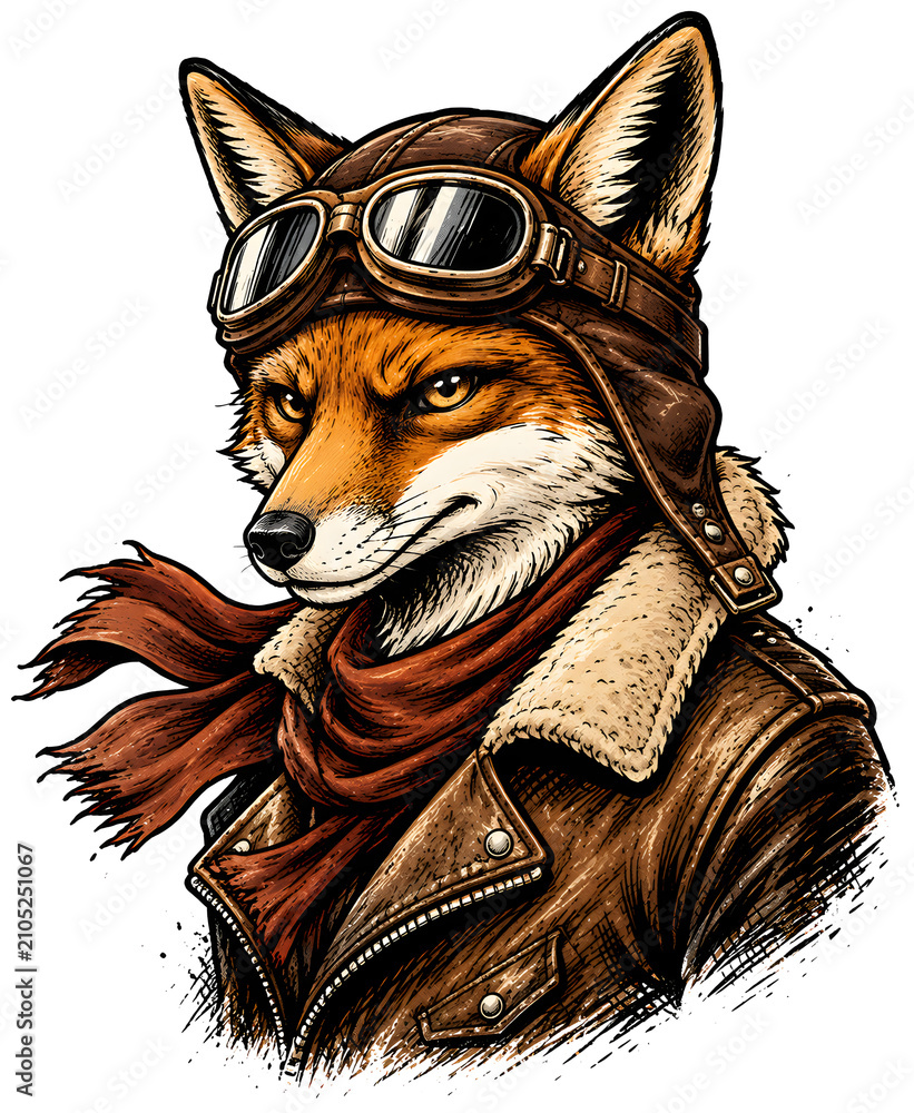 Fototapeta premium Aviator fox mascot wearing retro pilot helmet isolated on transparent background vintage sticker for aviation club apparel merchandise branding print