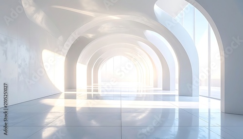 Modern architecture interior with arches and light.