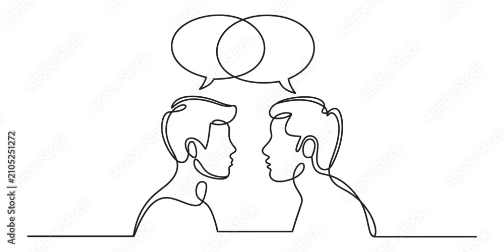 Fototapeta premium Two people talking with speech bubbles continuous line drawing