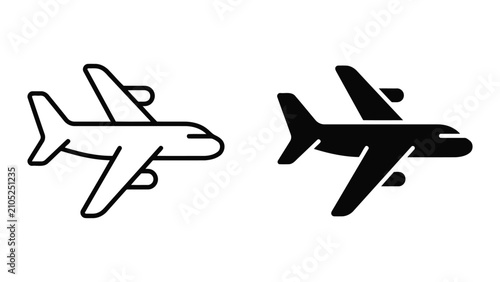Airplane travel icon set outline and silhouette with airplane, transport