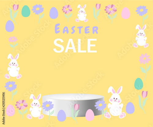 Easter Sale Banner with Cute Bunny and Spring Flowers on Yellow Background with Podium