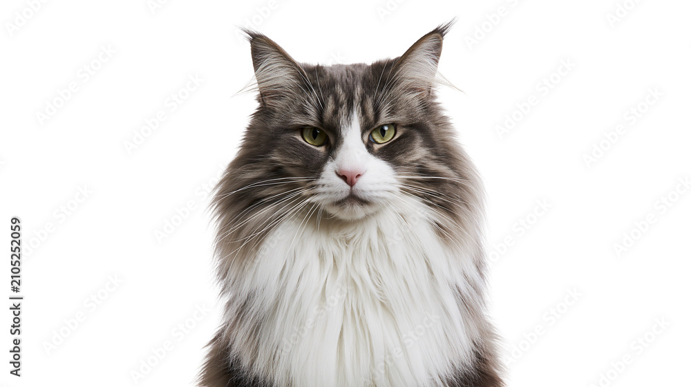 Fototapeta premium Maine Coon cat with fluffy grey and white fur green eyes, and pink nose