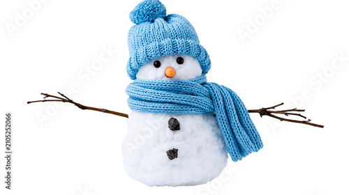 Fotografie Cute snowman with blue knitted hat and scarf