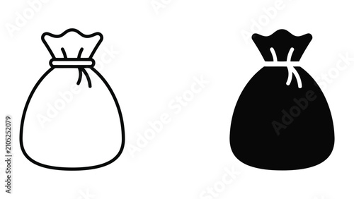 Sack or money bag icon set in line and solid style with currency, business
