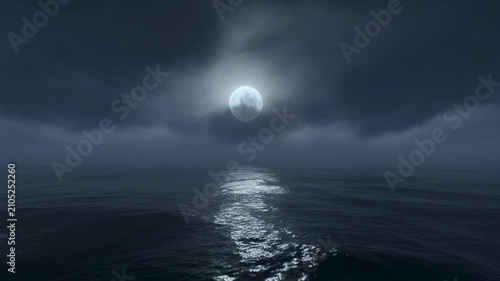Full Moon Reflecting On Dark Ocean Waves At Night
