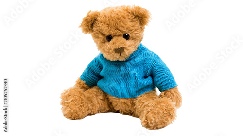 Brown teddy bear wearing blue knitted sweater