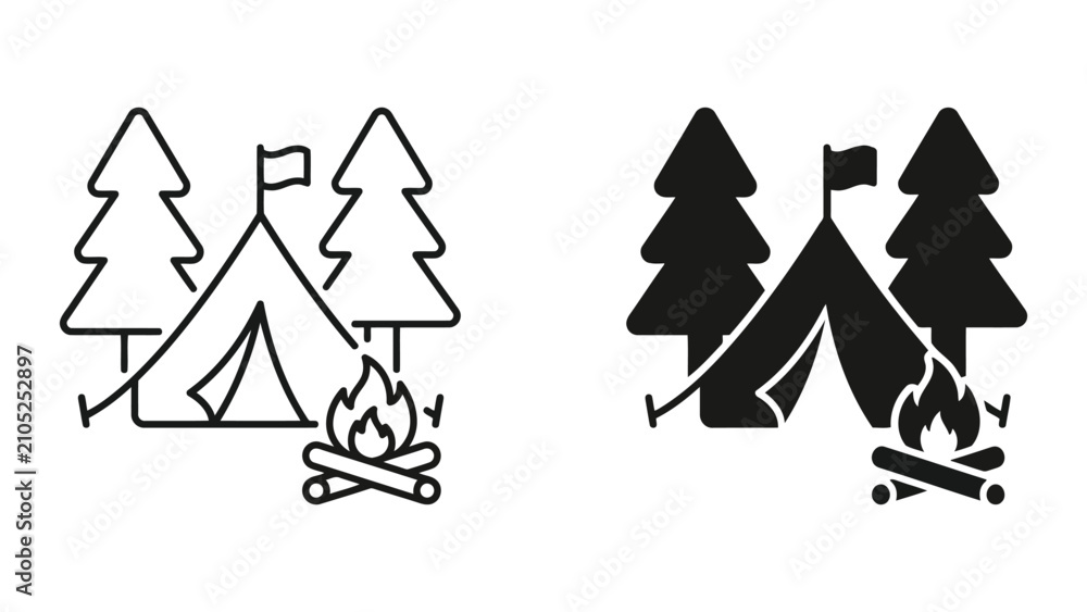 Obraz premium Camping tent with campfire and pine trees outdoors adventure icon set, campfire