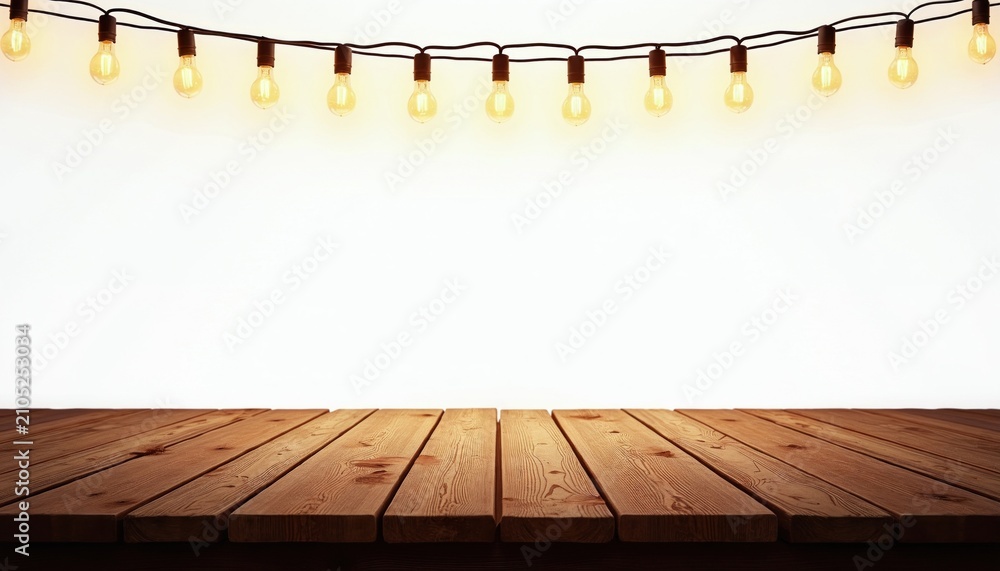 Obraz premium Empty wooden table surface with glowing string lights hanging above against white background. Rustic brown planks provide blank copy space for product display food presentation. Decorative festive