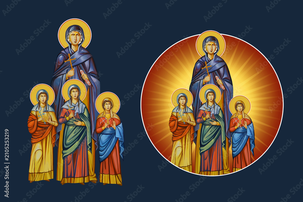 Obraz premium Holy Martyrs Faith, Hope, Love and their mother Sophia. Illustration - fresco set in Byzantine style
