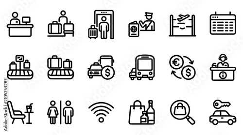 Airport operations and passenger terminal amenities icon set with check in duty free terminal passenger check-in