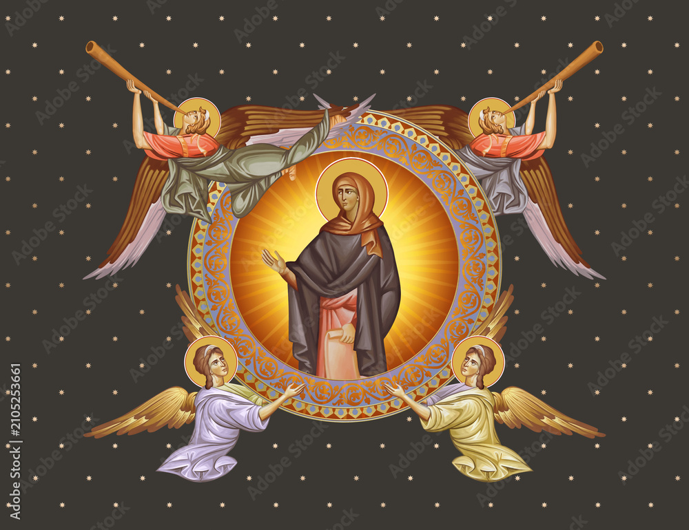 Fototapeta premium Anna the Prophetess. Decorative vintage illustration with angels in Byzantine style