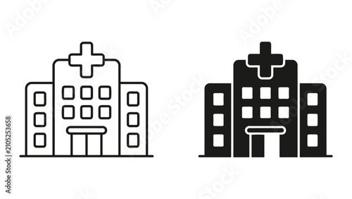 Hospital building medical center location icons with hospital, building