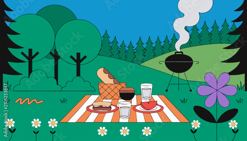Summer picnic scene with food basket and smoking barbecue in the nature