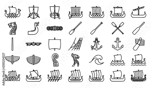 Bilde på lerret Premium viking ship, norse vessel and historical watercraft line icons set