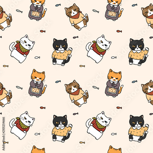 Seamless Pattern with Cartoon Cat Design on Light Beige Color Background. Hand Drawn Vector Illustration. 