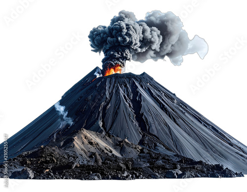 A massive volcano erupts, spewing ash and lava into the dark sky.