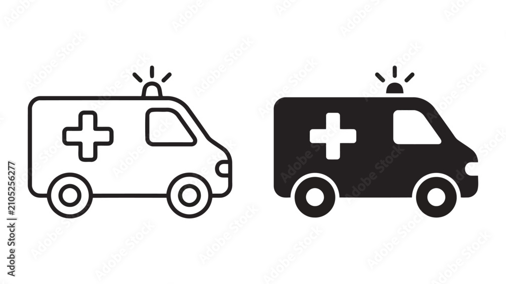 Fototapeta premium Ambulance emergency icon set showing medical van with siren in outline and solid black styles for healthcare and hospital mobile application user interface design