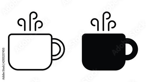 Steaming hot coffee cup icon in outline and solid style for cafe menu and beverage branding as a minimalist vector illustration for digital interface elements or website design assets