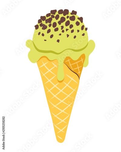 Pistachio ice cream scoop in waffle cone with chocolate pieces isolated on transparent background. Hand-drawn vector illustration in flat style. Sweet frozen dessert