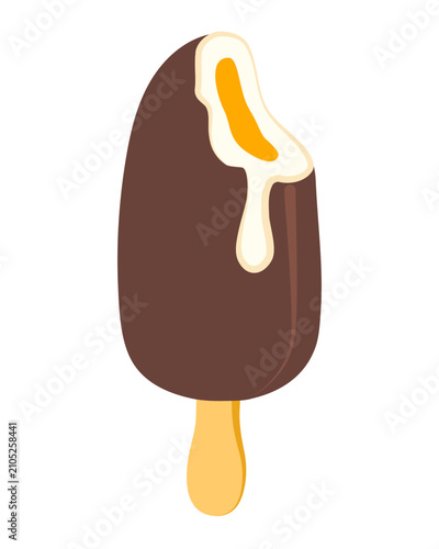 Chocolate coated ice cream bar with ice cream filling and fruit jam. Hand drawn vector illustration isolated on transparent background. Sweet frozen dessert icon 