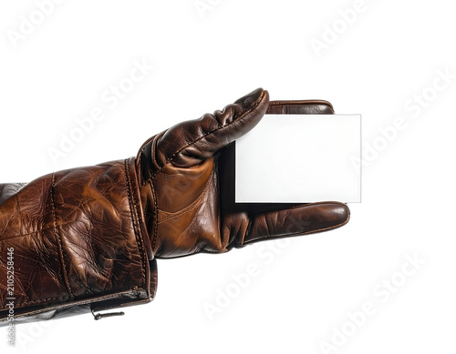 A hand in a brown leather glove holds a blank white card against a black background.