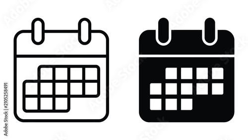 Calendar date planning icon set featuring grid layout and monthly view styles in outline and solid black versions for scheduling time management and event organization isolated on white background