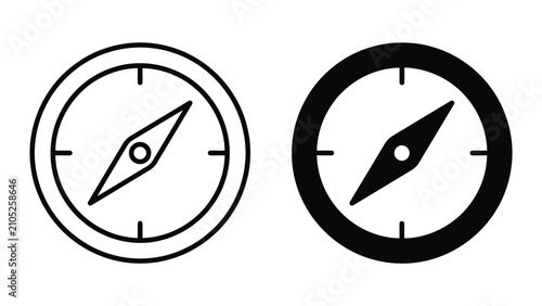 Navigation compass tool icon set featuring clean flat linear and solid black vector graphics for travel geography mapping and outdoor adventure mobile applications or website interface design