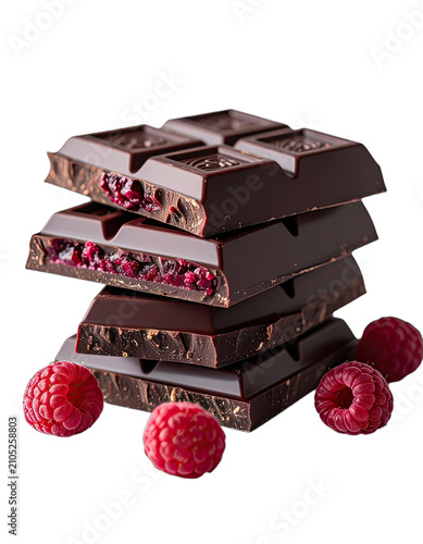 Dark chocolate bars with raspberries on a black background.