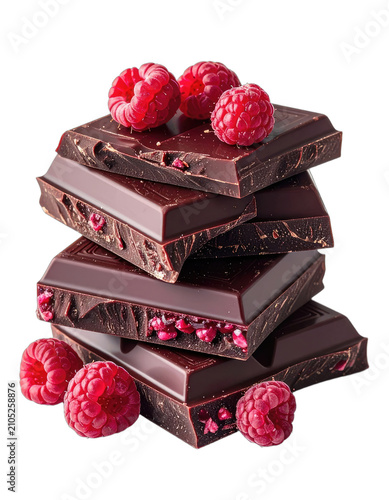 Dark chocolate bars are stacked with fresh raspberries on a black background.