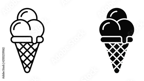 Three scoop ice cream cone icon in outline and solid styles for dessert shops and confectionery branding elements featuring layered frozen treats isolated on a clean white background for digital use
