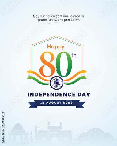 80th India Independence Day 2026 Commemorative Poster With Tricolor Anniversary Shield, Ashoka Chakra and Patriotic Typography