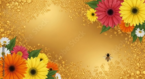 Golden floral background with honeycomb texture and bright flowers.