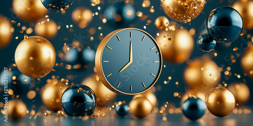 Glossy illustration of New Year celebration with golden clock and ornaments