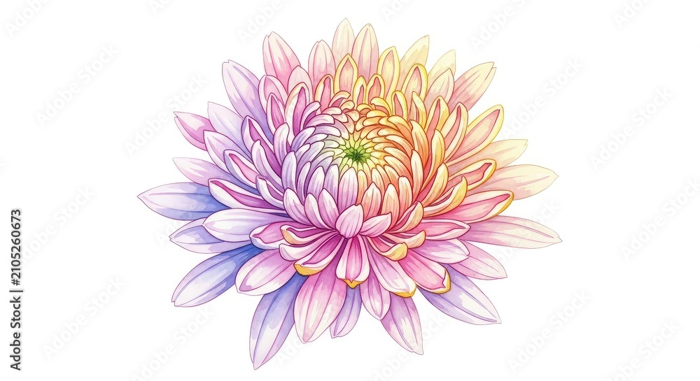 Obraz premium A soft watercolor painting of a single chrysanthemum flower with intricate, layered petals in pastel tones, isolated on a white background, art, vibrant, hand-painted