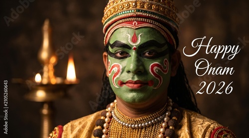 Kathakali dancer with green makeup and ornate crown near oil lamp onam festival